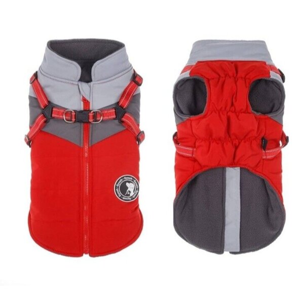 Gyuzh Dog Jacket Winter Red Gray With Harness Size XL Small Dogs NEW - Picture 1 of 6